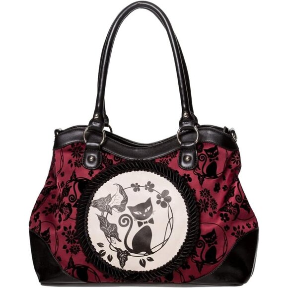 Gothic Dark Burgundy Velvet Women's Tote Bag with Bat & Phoenix Motifs